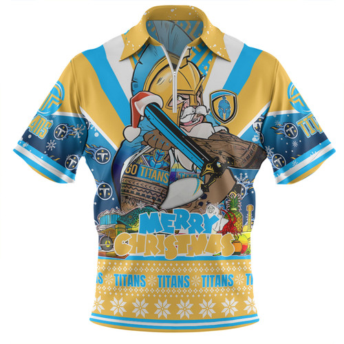 Gold Coast Titans Christmas Custom Zip Polo Shirt - Gold Coast Titans Santa Aussie Big Things Zip Polo Shirt