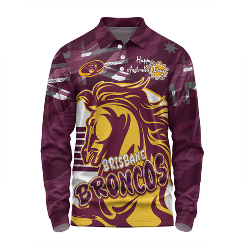 Brisbane Broncos Long Sleeve Polo Shirt - Happy Australia Day We Are One And Free