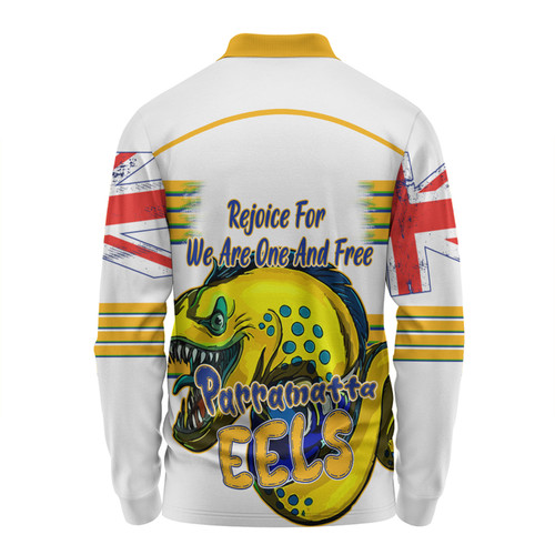 Parramatta Eels Long Sleeve Polo Shirt - Happy Australia Day We Are One And Free V2 Parramatta Eels Long Sleeve Polo Shirt - Happy Australia Day We Are One And Free V2