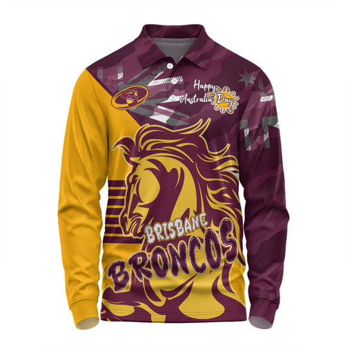 Brisbane Broncos Long Sleeve Polo Shirt - Happy Australia Day We Are One And Free V2