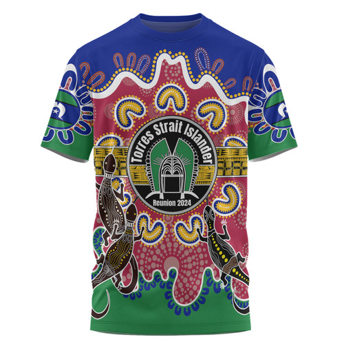Australia Torres Strait Islands Custom T-shirt - Torres Strait Islanders Dhari With Goannas And Dot Art Reunion T-shirt