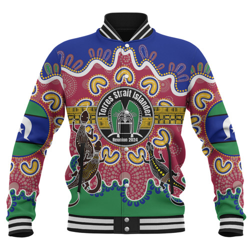 Australia Torres Strait Islands Custom Baseball Jacket - Torres Strait Islanders Dhari With Goannas And Dot Art Reunion Baseball Jacket