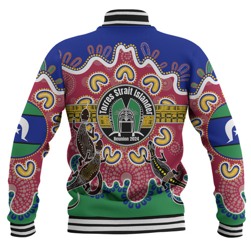 Australia Torres Strait Islands Custom Baseball Jacket - Torres Strait Islanders Dhari With Goannas And Dot Art Reunion Baseball Jacket Australia Torres Strait Islands Custom Baseball Jacket - Torres Strait Islanders Dhari With Goannas And Dot Art Reunion Baseball Jacket