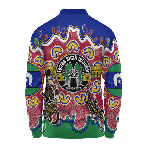 Australia Torres Strait Islands Custom Long Sleeve Polo Shirt - Torres Strait Islanders Dhari With Goannas And Dot Art Reunion Long Sleeve Polo Shirt Australia Torres Strait Islands Custom Long Sleeve Polo Shirt - Torres Strait Islanders Dhari With Goannas And Dot Art Reunion Long Sleeve Polo Shirt