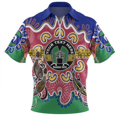Australia Torres Strait Islands Custom Zip Polo Shirt - Torres Strait Islanders Dhari With Goannas And Dot Art Reunion Zip Polo Shirt Australia Torres Strait Islands Custom Zip Polo Shirt - Torres Strait Islanders Dhari With Goannas And Dot Art Reunion Zip Polo Shirt