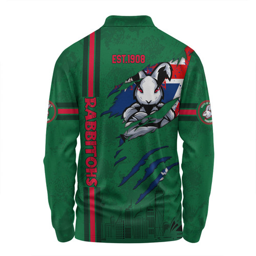 South Sydney Rabbitohs Long Sleeve Polo Shirt - Happy Australia Day Flag Scratch Style