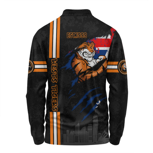 Wests Tigers Long Sleeve Polo Shirt - Happy Australia Day Flag Scratch Style Wests Tigers Long Sleeve Polo Shirt - Happy Australia Day Flag Scratch Style