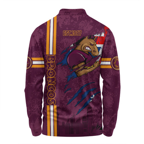 Brisbane Broncos Long Sleeve Polo Shirt - Happy Australia Day Flag Scratch Style Brisbane Broncos Long Sleeve Polo Shirt - Happy Australia Day Flag Scratch Style