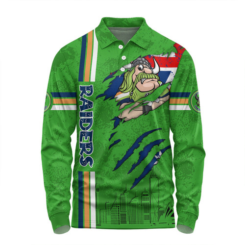 Canberra Raiders Long Sleeve Polo Shirt - Happy Australia Day Flag Scratch Style