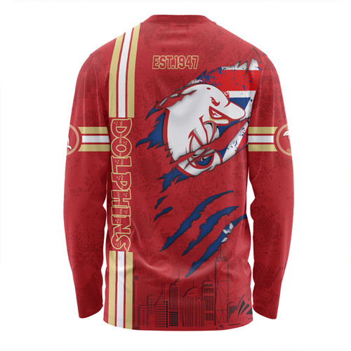 Redcliffe Dolphins Long Sleeve T-shirt - Happy Australia Day Flag Scratch Style Redcliffe Dolphins Long Sleeve T-shirt - Happy Australia Day Flag Scratch Style