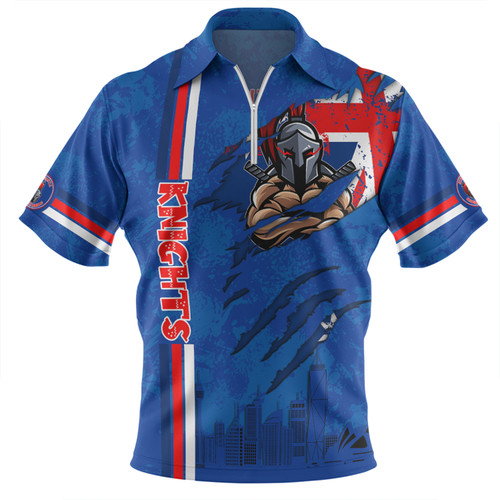 Newcastle Knights Zip Polo Shirt - Happy Australia Day Flag Scratch Style