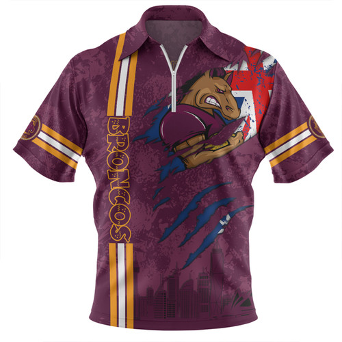 Brisbane Broncos Zip Polo Shirt - Happy Australia Day Flag Scratch Style