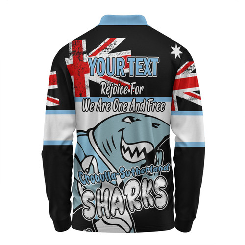 Cronulla-Sutherland Sharks Long Sleeve Polo Shirt - Happy Australia Day We Are One And Free V2