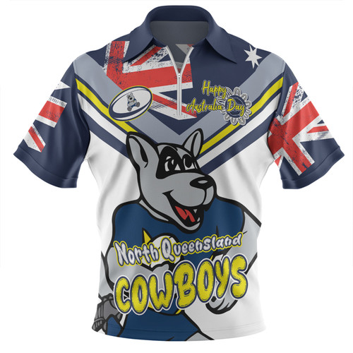 North Queensland Cowboys Zip Polo Shirt - Happy Australia Day We Are One And Free V2