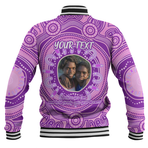 Australia Aboriginal Custom Baseball Jacket - Believe You Can And Hold Firmly Onto Your Dreams Personalised Photo (Purple) Baseball Jacket Australia Aboriginal Custom Baseball Jacket - Believe You Can And Hold Firmly Onto Your Dreams Personalised Photo (Purple) Baseball Jacket