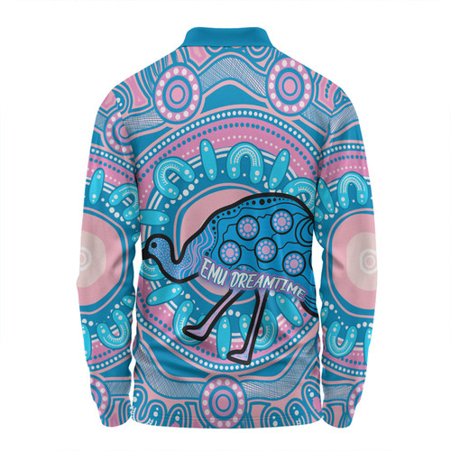 Australia Emu Aboriginal Custom Long Sleeve Polo Shirt - Blue Indigenous Dreamtime Emu Long Sleeve Polo Shirt Australia Emu Aboriginal Custom Long Sleeve Polo Shirt - Blue Indigenous Dreamtime Emu Long Sleeve Polo Shirt