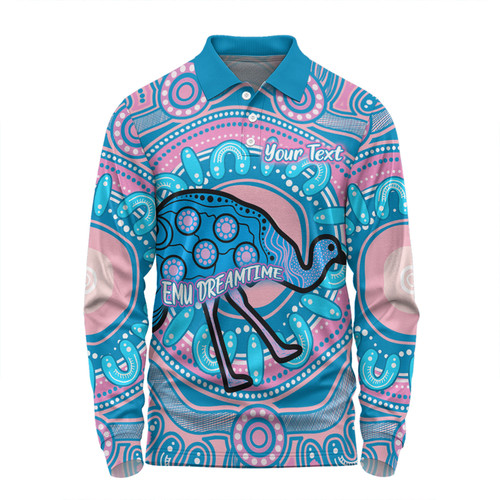 Australia Emu Aboriginal Custom Long Sleeve Polo Shirt - Blue Indigenous Dreamtime Emu Long Sleeve Polo Shirt Australia Emu Aboriginal Custom Long Sleeve Polo Shirt - Blue Indigenous Dreamtime Emu Long Sleeve Polo Shirt