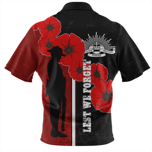 Australia Anzac Day Zip Polo Shirt - Lest We Forget Remebrance Day (Black) Zip Polo Shirt Australia Anzac Day Zip Polo Shirt - Lest We Forget Remebrance Day (Black) Zip Polo Shirt