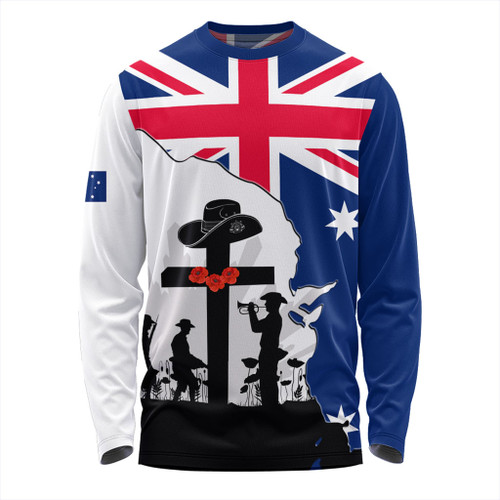 Australia Anzac Day Long Sleeve T-shirt - Anzac Day With Map And Flag Australia Long Sleeve T-shirt