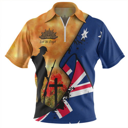 Australia Anzac Day Zip Polo Shirt - Anzac Day Flag Lest We Forget Zip Polo Shirt