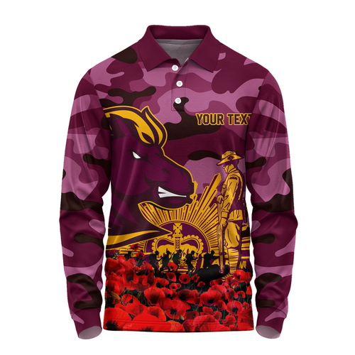 Brisbane Broncos Long Sleeve Polo Shirt - Brisbane Broncos Anzac Day Lest We Forget Brisbane Broncos Long Sleeve Polo Shirt - Brisbane Broncos Anzac Day Lest We Forget