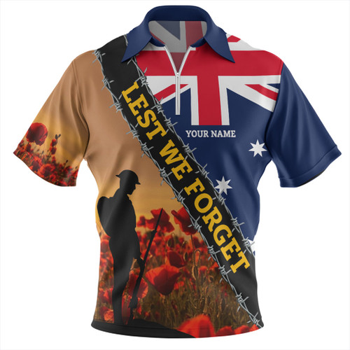 Australia Zip Polo Shirt Custom Anzac Day Let We Forget Barbed Wire