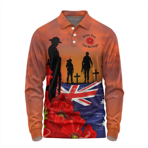 Australia Long Sleeve Polo Shirt Lest We Forger Soldiers Flag With Poppy Flower