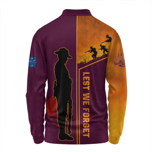 Brisbane Broncos Long Sleeve Polo Shirt - Anzac Day Lest We Forget Poppy Brisbane Broncos Long Sleeve Polo Shirt - Anzac Day Lest We Forget Poppy