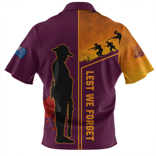 Brisbane Broncos Zip Polo Shirt - Anzac Day Lest We Forget Poppy Brisbane Broncos Zip Polo Shirt - Anzac Day Lest We Forget Poppy