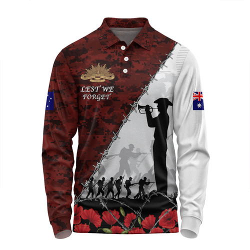 Australia Long Sleeve Polo Shirt - Anzac Day Poppy Flower And Barbed Wire