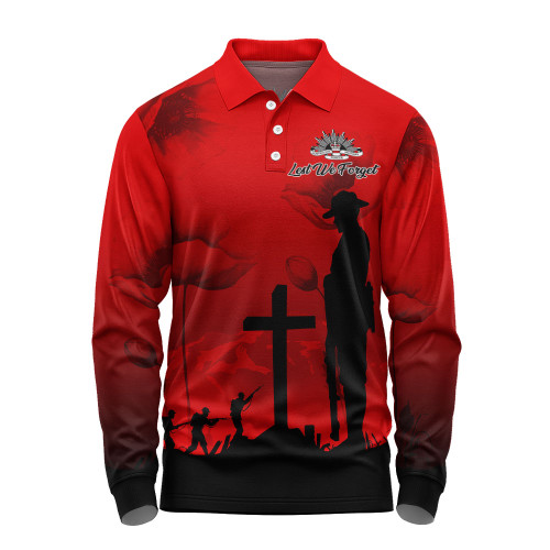 Australia Long Sleeve Polo Shirt Anzac Day Lest We Forget Red Poppy