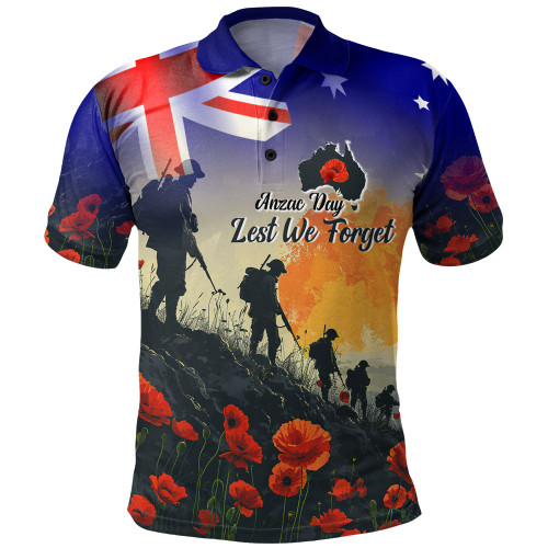 Australia Custom Polo Shirt -  Anzac Day Soldiers With Australia Flag Australia Custom Polo Shirt -  Anzac Day Soldiers With Australia Flag