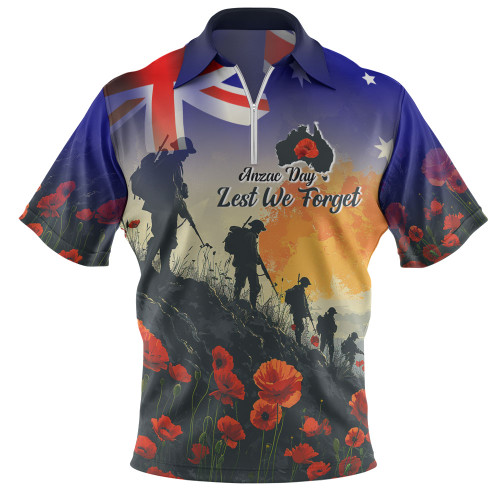 Australia Custom Zip Polo Shirt -  Anzac Day Soldiers With Australia Flag