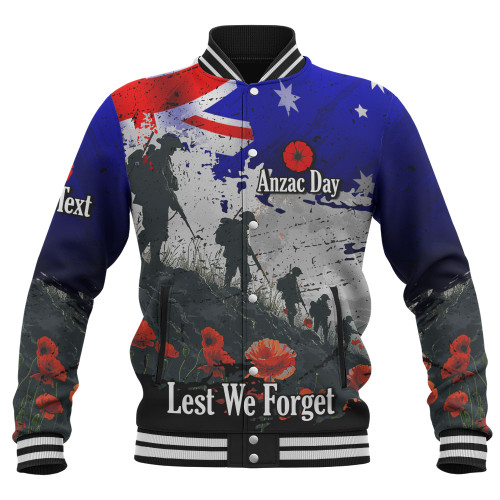 Australia Baseball Jacket - Custom Anzac Day Soldiers With Australia Flag Grunge Style Australia Baseball Jacket - Custom Anzac Day Soldiers With Australia Flag Grunge Style