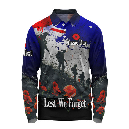Australia Long Sleeve Polo Shirt - Custom Anzac Day Soldiers With Australia Flag Grunge Style Australia Long Sleeve Polo Shirt - Custom Anzac Day Soldiers With Australia Flag Grunge Style