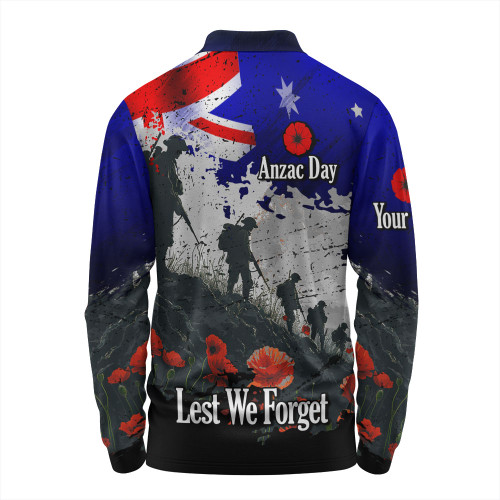 Australia Long Sleeve Polo Shirt - Custom Anzac Day Soldiers With Australia Flag Grunge Style Australia Long Sleeve Polo Shirt - Custom Anzac Day Soldiers With Australia Flag Grunge Style
