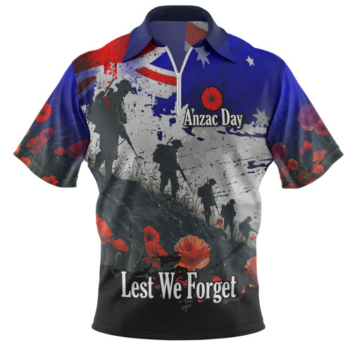 Australia Zip Polo Shirt - Custom Anzac Day Soldiers With Australia Flag Grunge Style