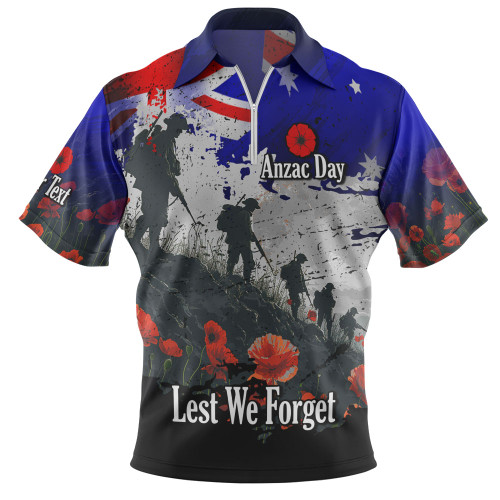 Australia Zip Polo Shirt - Custom Anzac Day Soldiers With Australia Flag Grunge Style Australia Zip Polo Shirt - Custom Anzac Day Soldiers With Australia Flag Grunge Style