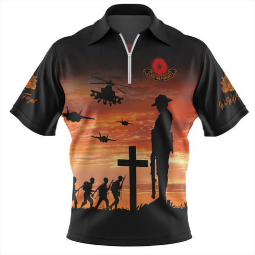 Australia Zip Polo Shirt Anzac Lest We Forget Sunset Soldiers Army