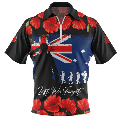 Australia Zip Polo Shirt Anzac Day Lest We Forget Grunge Flag