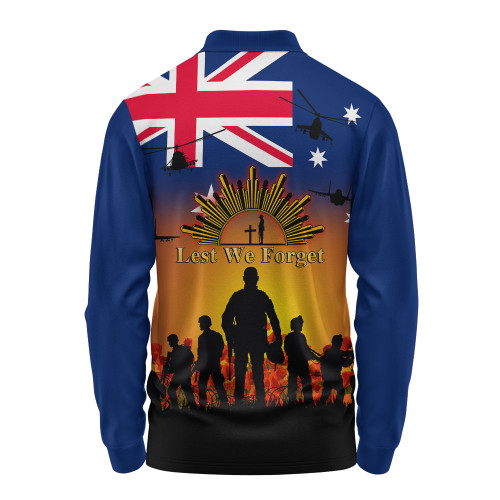 Australia Long Sleeve Polo Shirt Anzac Flag With Soldiers Sunset Australia Long Sleeve Polo Shirt Anzac Flag With Soldiers Sunset