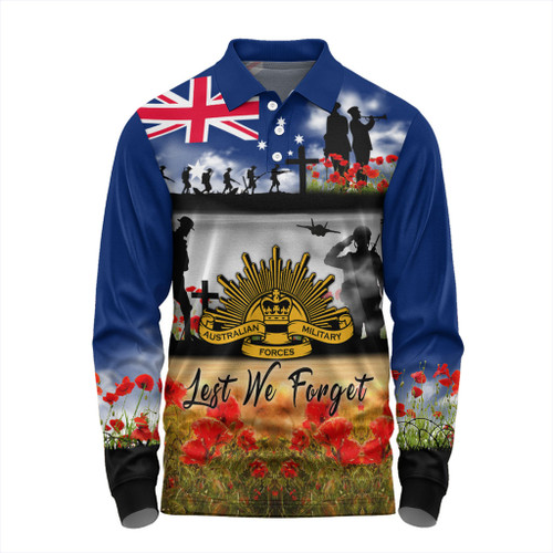 Australia Long Sleeve Polo Shirt Lest We Forget Poppies And Soldiers Army Style