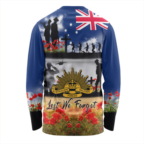 Australia Long Sleeve T-shirt Lest We Forget Poppies And Soldiers Army Style Australia Long Sleeve T-shirt Lest We Forget Poppies And Soldiers Army Style