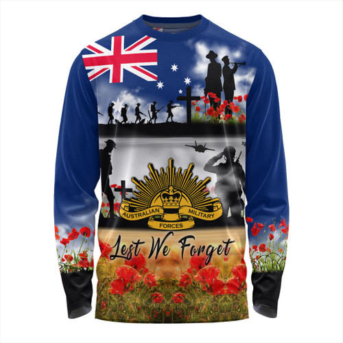 Australia Long Sleeve T-shirt Lest We Forget Poppies And Soldiers Army Style