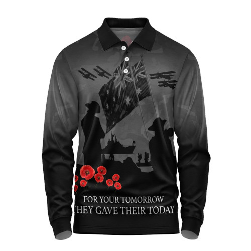 Australia Anzac Long Sleeve Polo Shirt Anzac Day Poppy Flowers Grey1