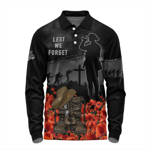 Australia Long Sleeve Polo Shirt Lest We Forget Hat And Boots Design Poppy Flower