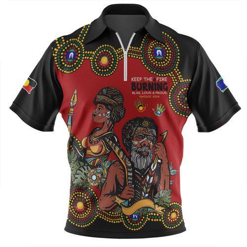 Australia Zip Polo Shirt Indigenous Culture Naidoc Week Keep The Fire Burning! Blak, Loud & Proud