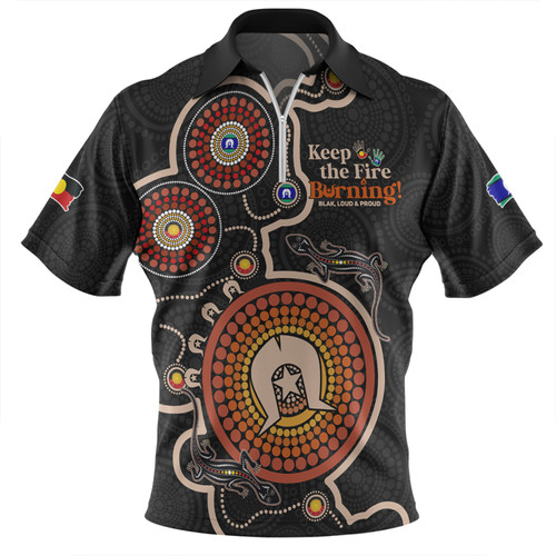 Australia Zip Polo Shirt Aboriginal Dot Art Inspired Naidoc Week Keep The Fire Burning! Blak, Loud & Proud