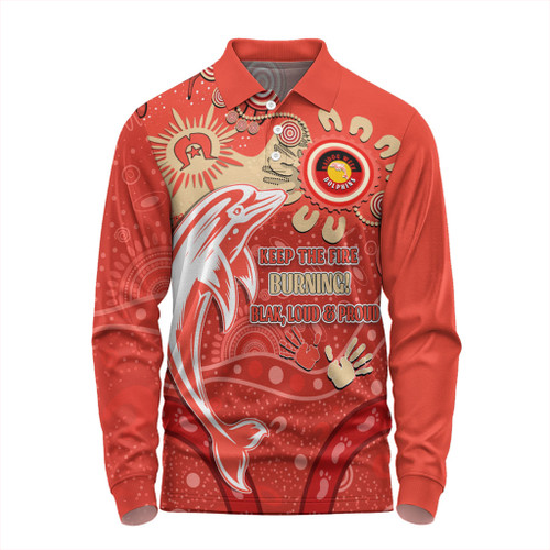 Redcliffe Dolphins Long Sleeve Polo Shirt Aboriginal Indigenous Naidoc Week Dreamtime Dot Painting With Flag