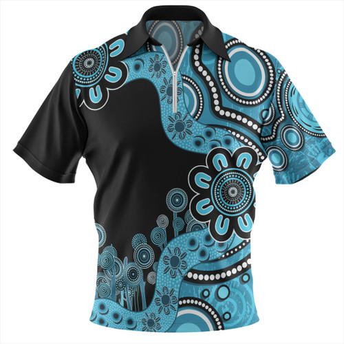 Australia Zip Polo Shirt Aboriginal Indigenous Dot Painting Blue